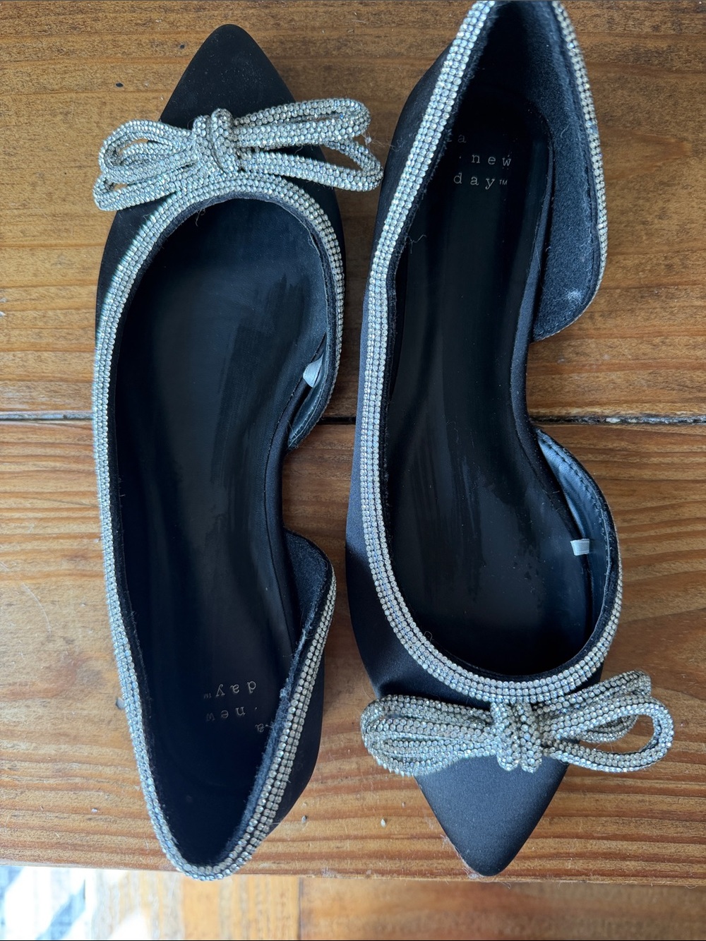 a new day Black Satin Pointed Toe Flats with Rhinestone Bow Trim